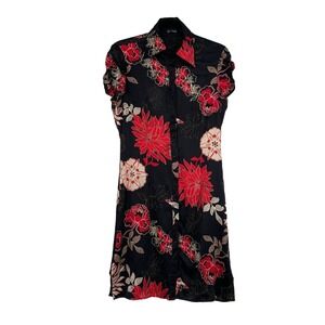 Bebe Women's Black Floral Button Down Collared Short Sleeve Silk Shirt Dress M